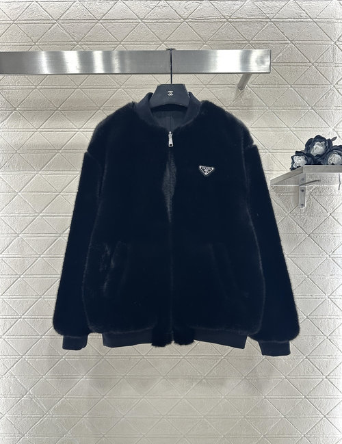 Prada Reversible Eco-Fur Down Jacket with Metal Logo