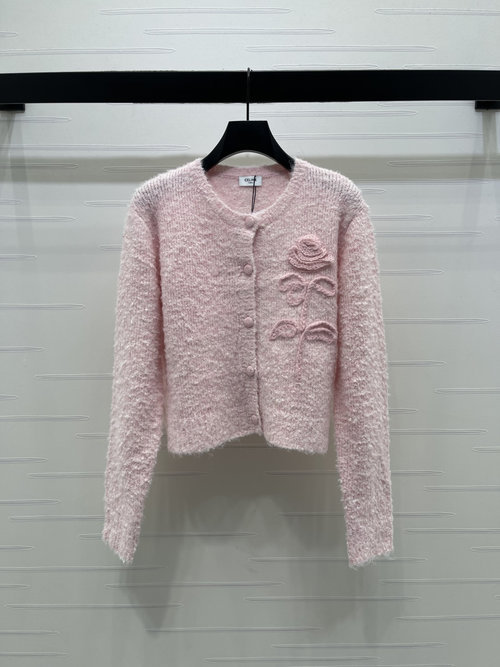 Celine Academic Style 3D Hook Flower Knit Cardigan with Floral