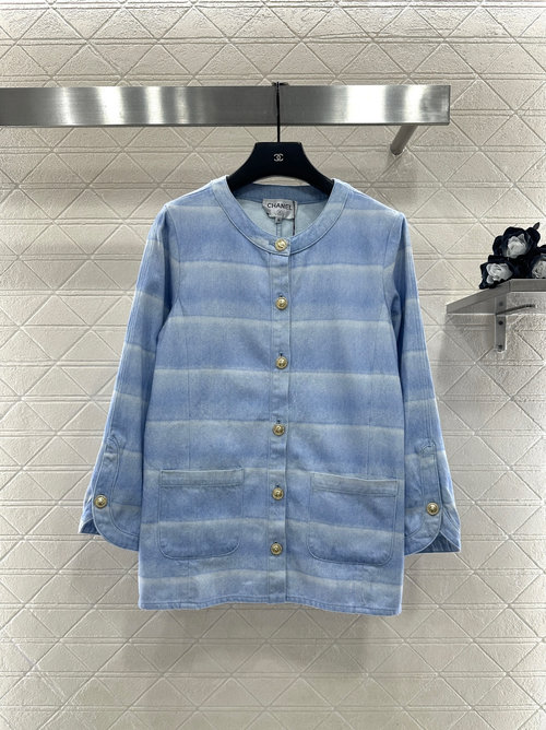 Chanel Custom Twill Cotton Denim Round Neck Loose Coat with Laser Stripes