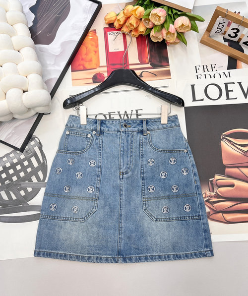 Louis Vuitton Blue Sequin Logo Denim A-Skirt