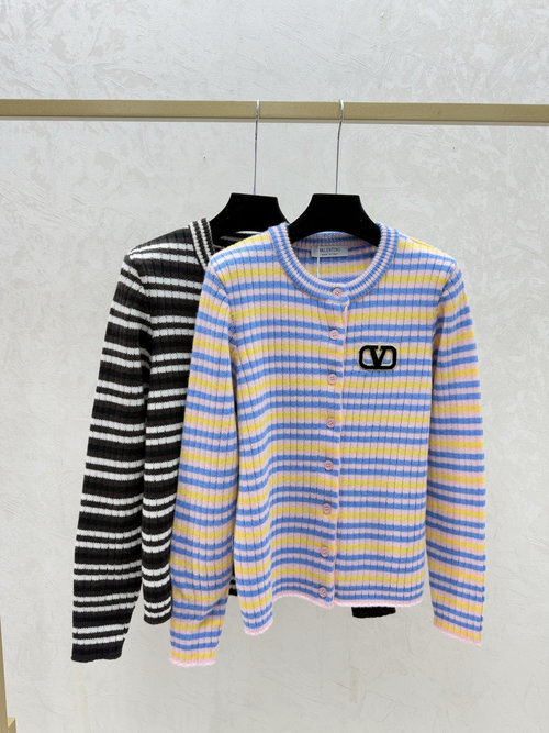 Valentino Striped Knit Cardigan with Chest Emblem, Timeless & Sophisticated