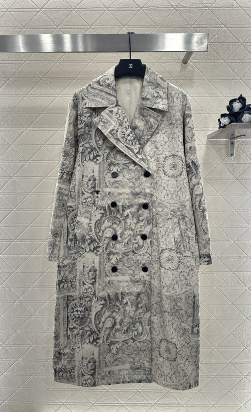 Dior Long Printed Denim Coat with Flowing Back and Double Buttons