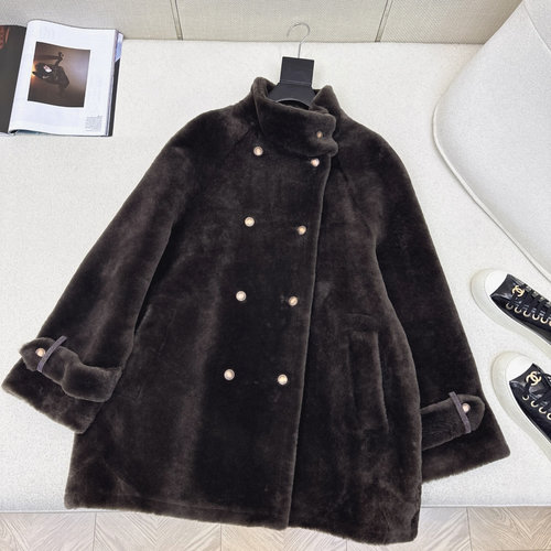 Brunello Cucinelli Luxury Double-Breasted Shearling Coat with Leather Trim