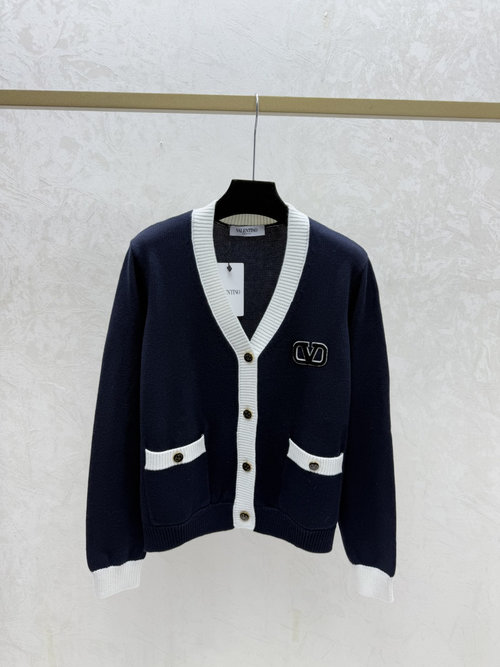 Valentino Contrasting Simple V-Neck Long-Sleeve Knit Cardigan in Royal Blue