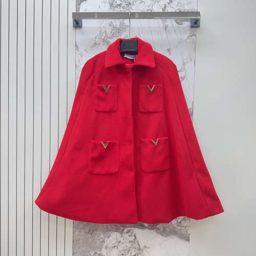 Valentino Elegant Red Woolen Cloak Coat with Handmade Buttons