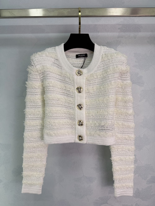 Balmain Textured Tweed Short Jacket with Metallic Button Accents