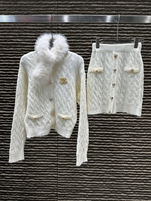 Balmain Elegant Scarf - cardigan and Skirt Two - piece Ensemble