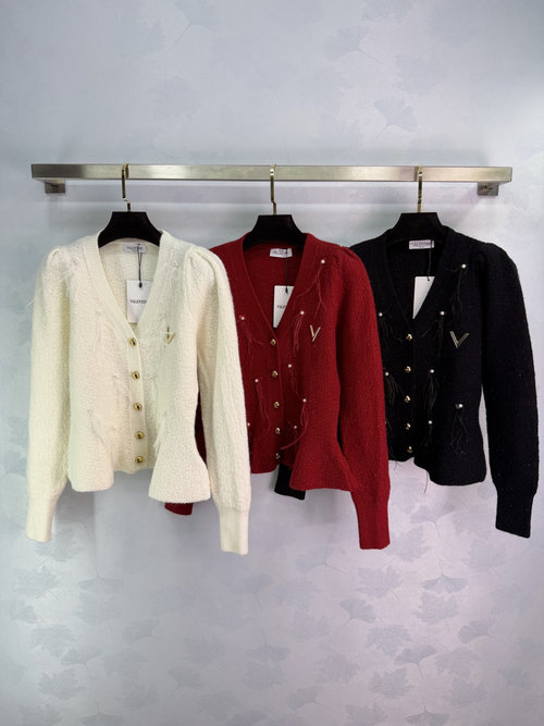 Valentino Autumn-Winter Knitted Cardigan with Metal Buttons and Fringe Pearl Accents