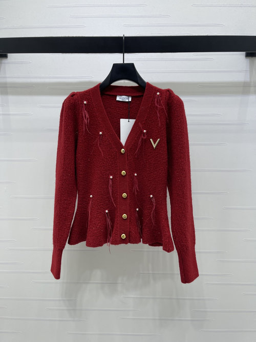 Valentino Elegant Pearl-Studded Raglan V-neck Knit Cardigan with Fine Wool Blend