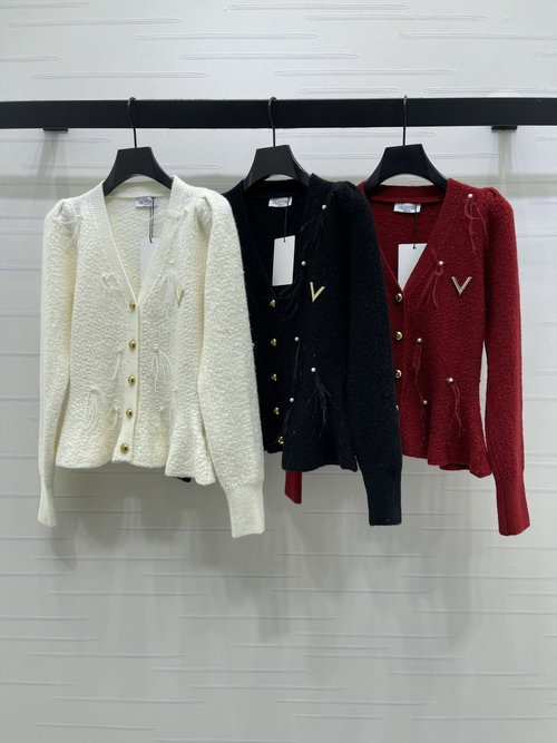 Valentino Pearl Studded Raglan V-neck Knit Cardigan, Fine Wool Blend, Elegant Style