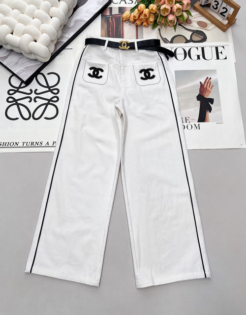 Chanel White Denim Straight-Leg Pants with Beaded Belt