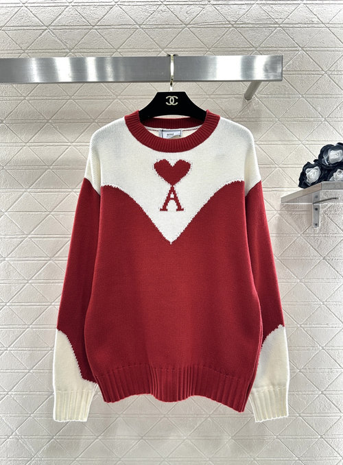 Ami Custom YB Wool Round Neck Sweater with Color Blocking and Heart Logo, Two Colors