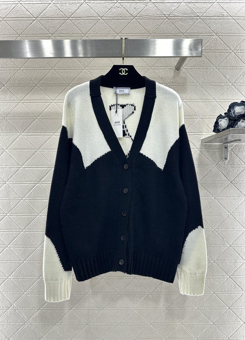 Ami Custom YB Wool V-Neck Knit Cardigan with Geometric Patchwork, Two Colors