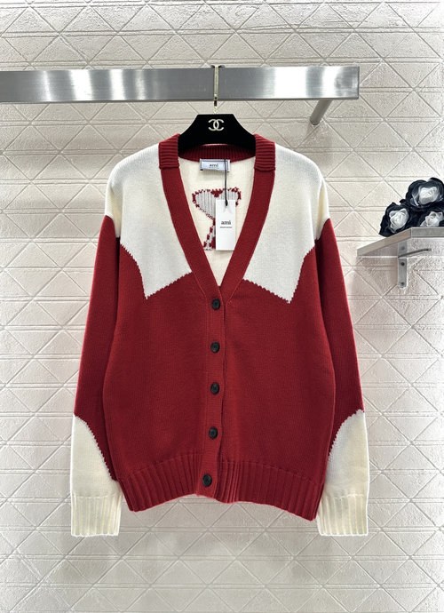 Ami Custom YB Wool V-Neck Knit Cardigan with Geometric Patchwork, Two Colors