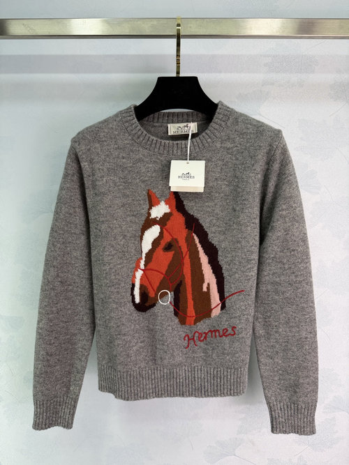 Hermes Colorful Inlaid Pony Head Knit Sweater with Letter Accents