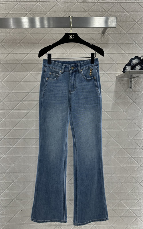 Yves Saint Laurent Custom Imported Denim High-Waisted Flare Jeans with YSL Logo