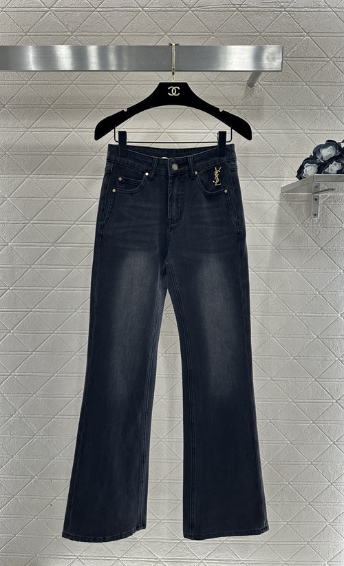 Yves Saint Laurent Custom Imported Denim High-Waisted Flare Jeans with YSL Logo