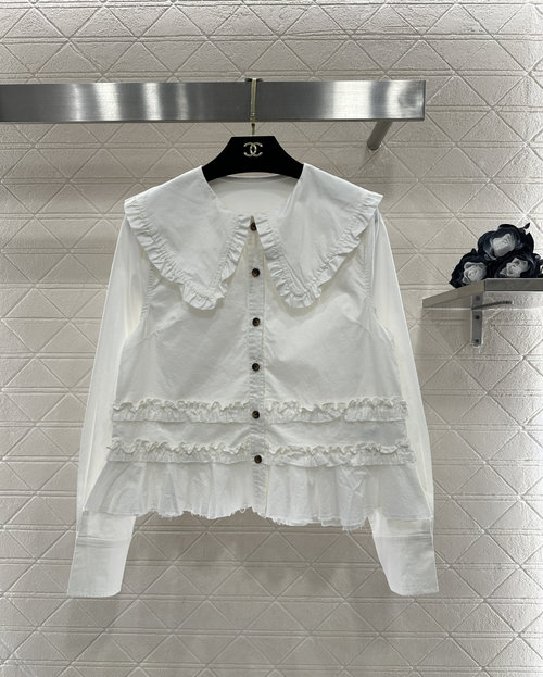 Ganni Ruffled Doll Collar Cotton Shirt for Elegant Look