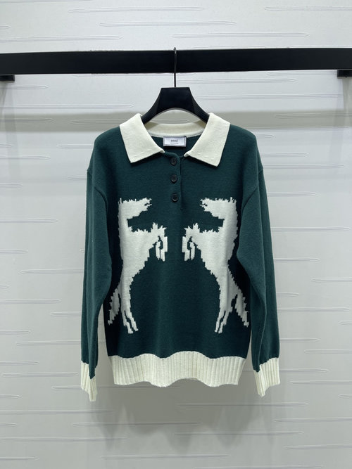 Ami Horse-themed Polo Neck Sweater with a Festive and Casual Style
