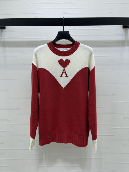 Ami Wool Blend Knit Sweater with Heart Pattern on Back