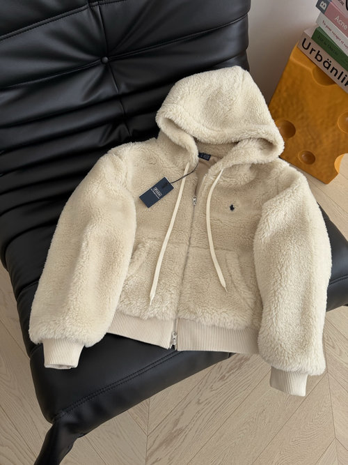 Yves Saint Laurent Furry Hooded Coat with Pony Embroidery, Warm and Stylish