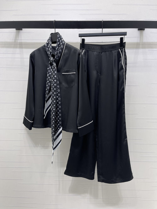 Louis Vuitton Silk Scarf Shirt & Straight-Leg Pants Set, Elegant