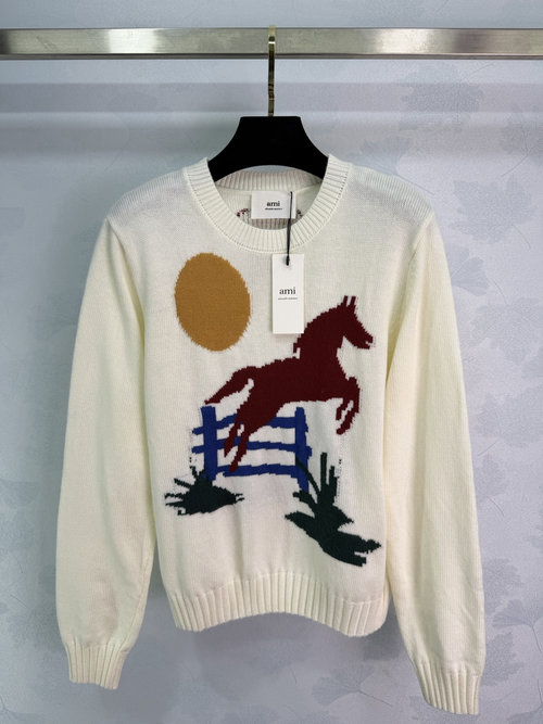 Ami Cozy Knitted Sweater with Inlaid Pony Pattern