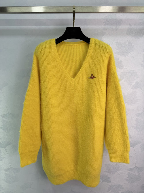 Vivienne Westhood Yellow V-Neck Wool Sweater with Red Saturn Embroidery