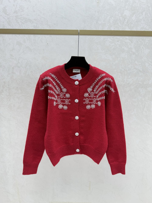 Celine Color-Blocked Letter Studded Round Neck Knit Long Sleeve Cardigan in Red