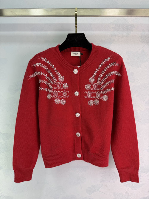 Celine Heavy Bead Embroidery Triumphal Arch Round Neck Cardigan, Custom Wool