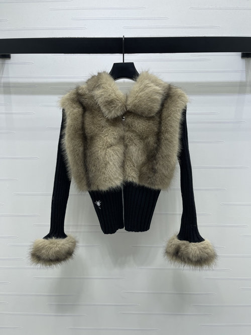 Dior Silver Fox Fur Zipper Knit Coat with Embroidered Logo