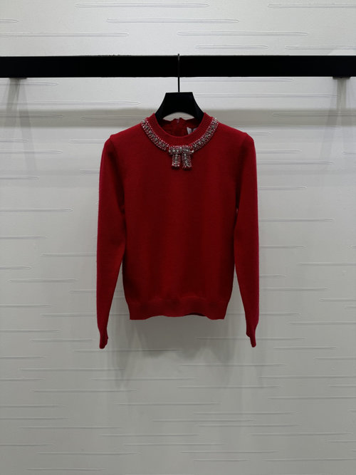 Valentino Elegant Bright Red Bowtie Rhinestone Knit Sweater