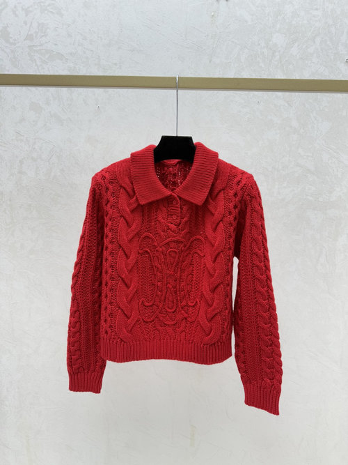 Celine Solid Red Letter Collar Knit Long Sleeve