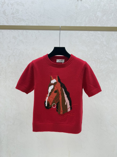Hermes Sophisticated Red Color-Blocked Knit Short-Sleeve