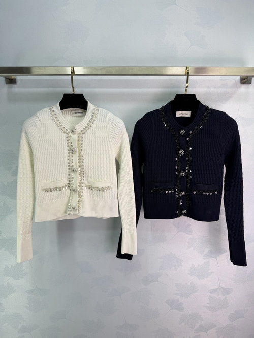 Self-Portrai Sequin-Embellished Knit Cardigan with Pearl Buttons