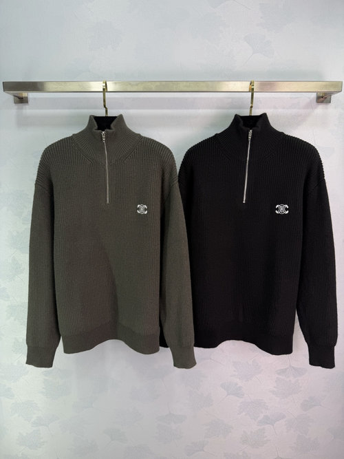 Celine Half-zippered Knit Top with Chest Logo