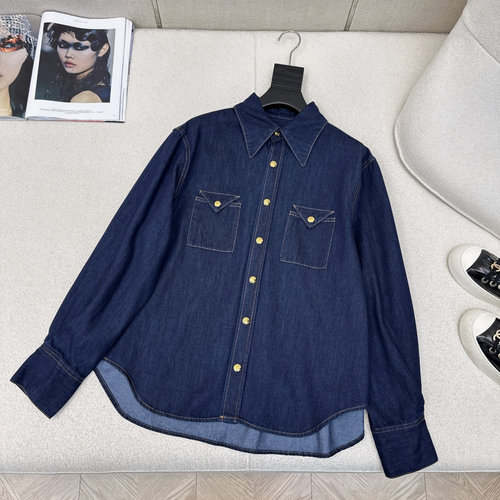 Celine Classic Retro Blue Denim Shirt with Work Pockets and Metal Buttons