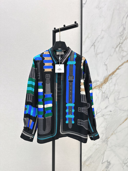 Hermes Stylish Printed Silk Shirt with Collar