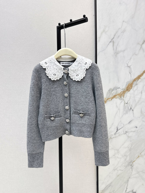 Self-Portrai Exquisite Doll Collar Gray Knit Cardigan with Lace