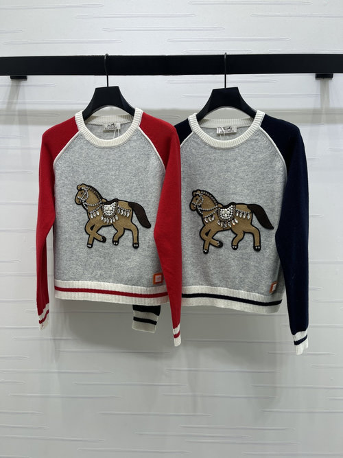 Hermes Knit Sweater with Embroidered Horse Design
