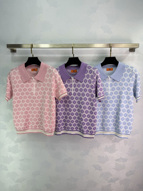 Hermes Geometric Print Polo Shirt with Striped Trim