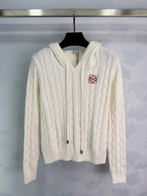 Loewe Casual Hooded Cable Knit Top with Red Embroidery