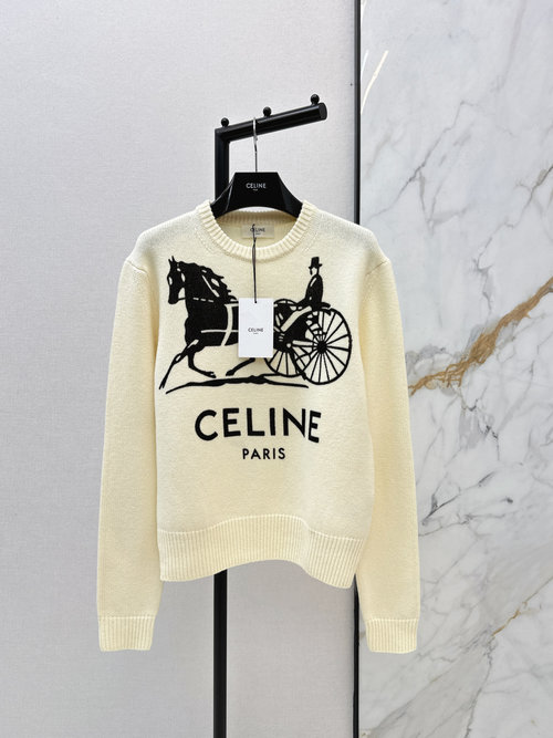 Celine Classic Carriage Patterned Cream Sweater with Chain Texture