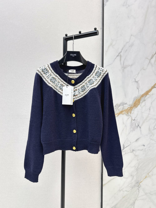 Celine Retro Fair Isle Cashmere Cardigan with Gold Buttons