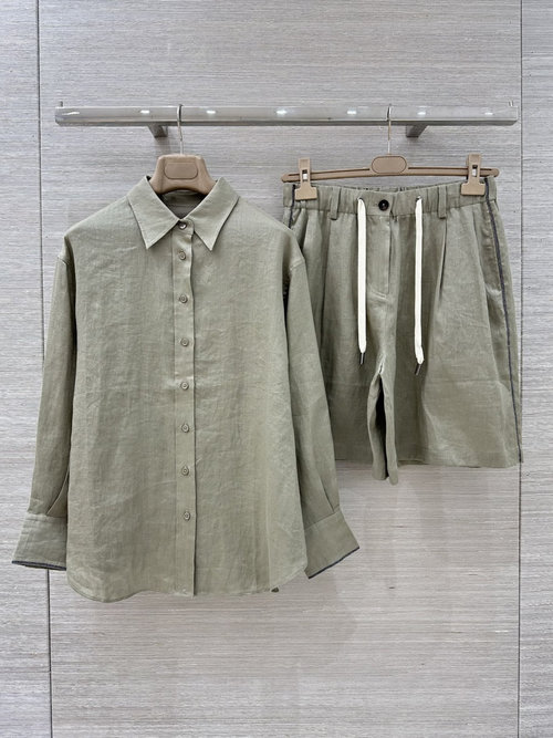 Brunello Cucinelli Luxury Linen Shirt and Shorts Combo with Copper Chain Trim
