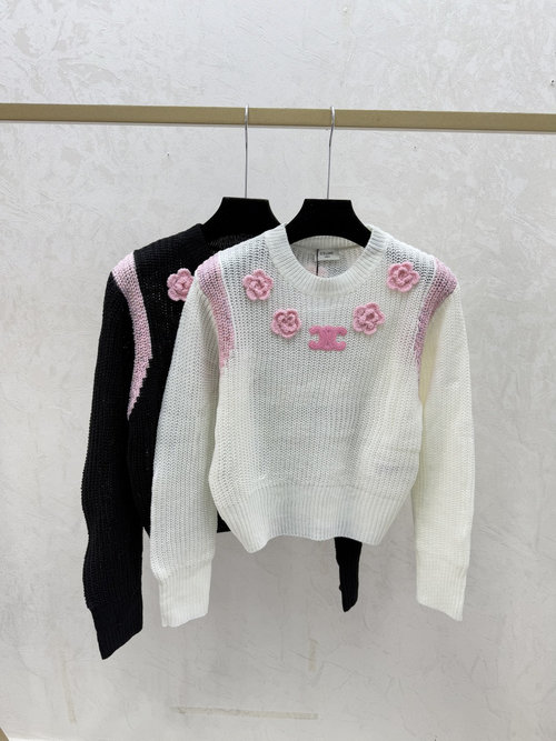 Celine Contrast Color Floral Round Neck Long-sleeve Knit in White & Black