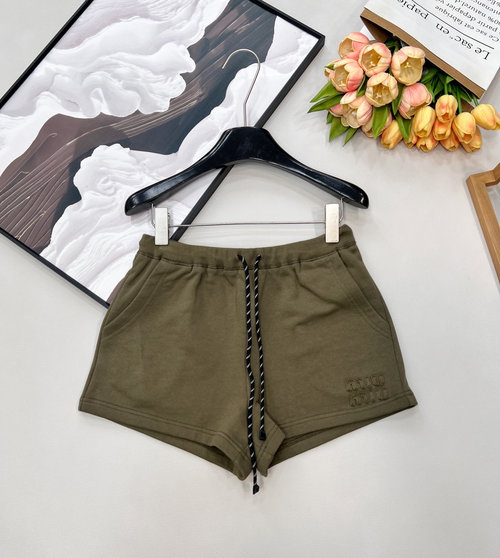 Miu Miu Olive Green Zip-up Hoodie and Drawstring Shorts Set, Sophisticated Style