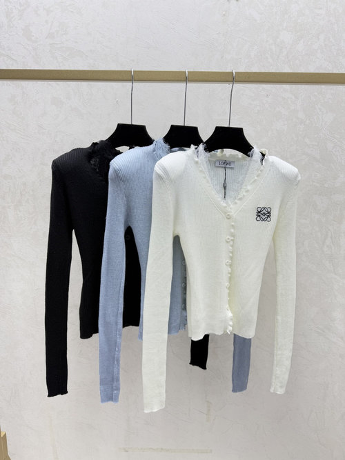 Loewe Solid Lace Halter V-Neck Knit Long Sleeve Cardigan in White, Blue & Black