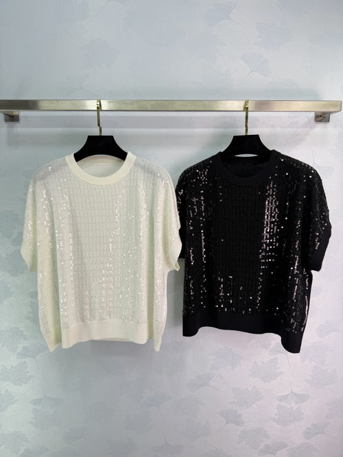 Brunello Cucinelli Sequined Slimming Knit Short-Sleeve Top