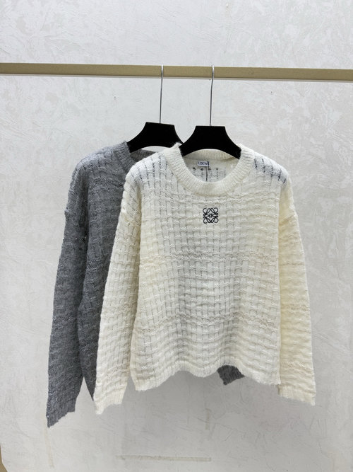 Loewe Solid Color Hollow Beaded Round Neck Knit Long Sleeve in White & Gray